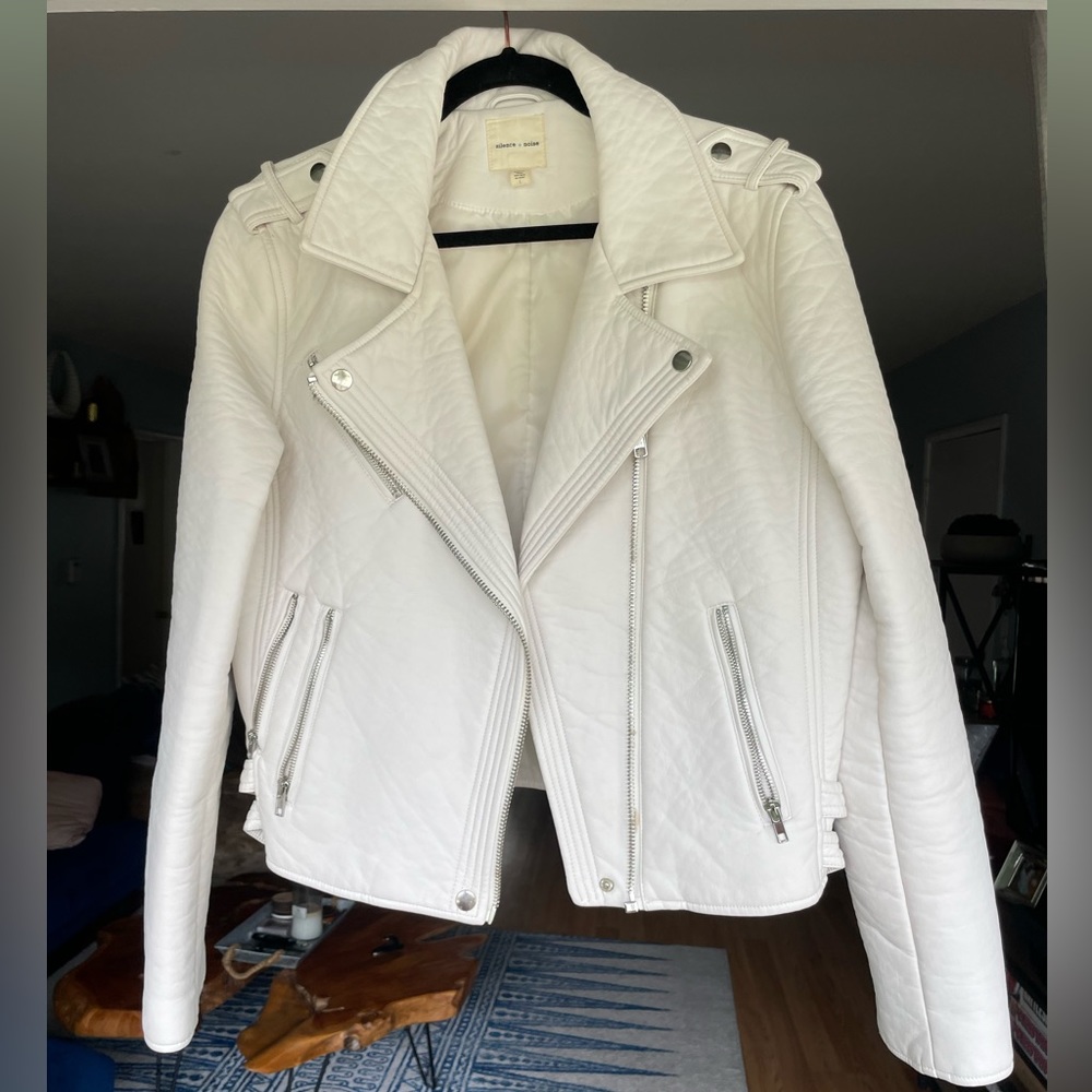 vegan white leather moto jacket - size L